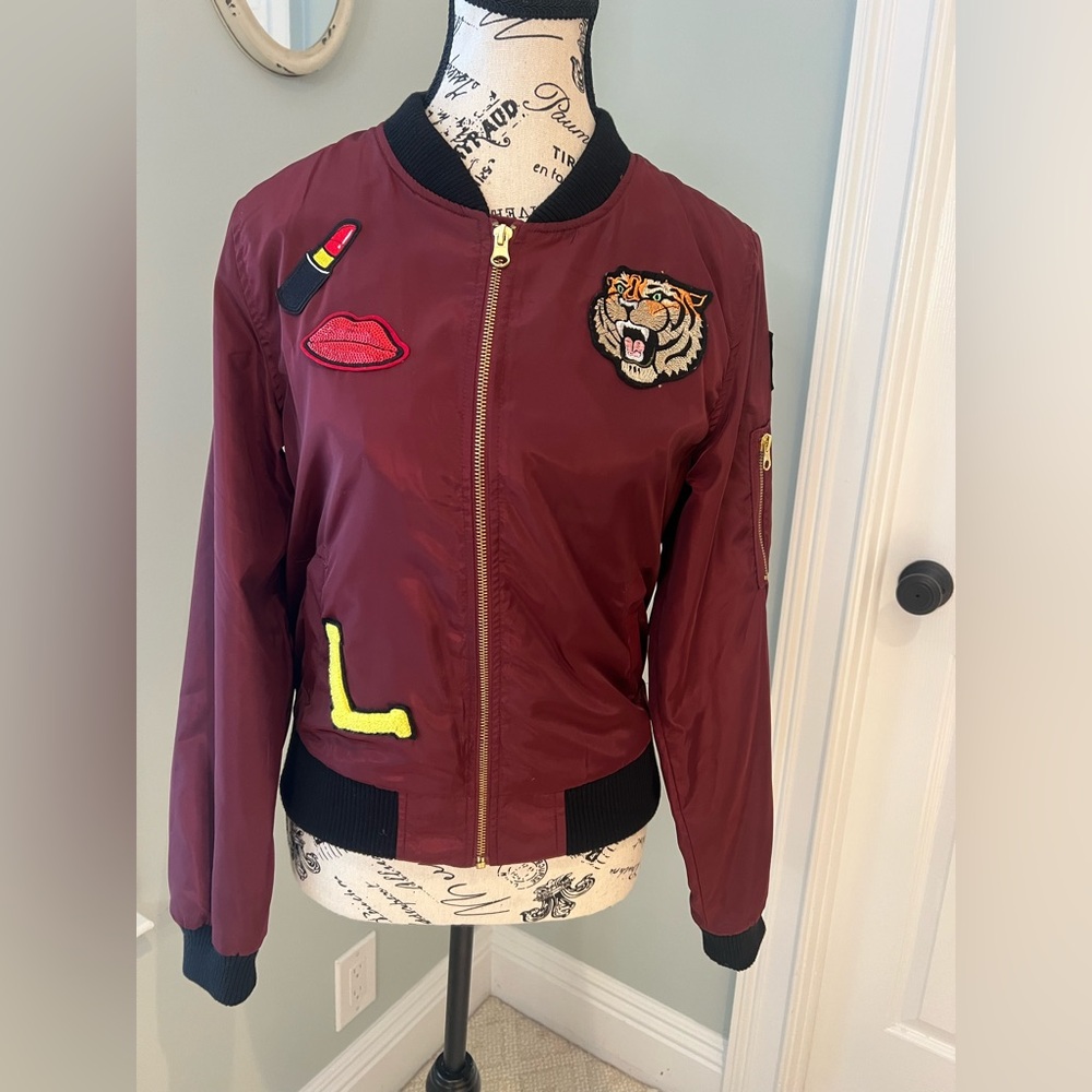NWOT Love Tree - Burgundy Cropped Bomber Jacket with Patch Details - Size S